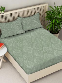 FABINALIV - Olive Ethnic 300TC Cotton Blend Fitted Embossed Bedsheet With 2 Pillow Covers King