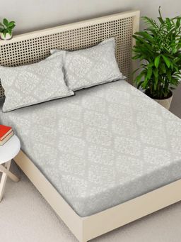 FABINALIV - Cream Ethnic 300TC Cotton Blend Fitted Embossed Bedsheet With 2 Pillow Covers King