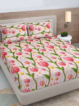 FABINALIV - Multicolor Floral 300TC Cotton Blend 7D Fitted Bedsheet With 2 Pillow Covers King