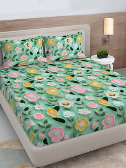 FABINALIV - Green Floral 300TC Cotton Blend 7D Fitted Bedsheet With 2 Pillow Covers King