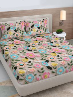 FABINALIV - Multicolor Floral 300TC Cotton Blend 7D Fitted Bedsheet With 2 Pillow Covers King