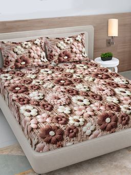 FABINALIV - Brown Floral 300TC Cotton Blend 7D Fitted Bedsheet With 2 Pillow Covers King