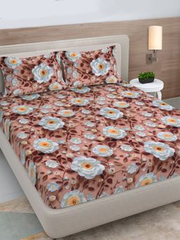 FABINALIV - Brown Floral 300TC Cotton Blend 7D Fitted Bedsheet With 2 Pillow Covers King
