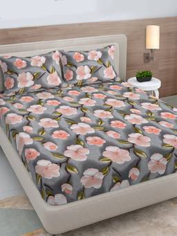 FABINALIV - Grey Floral 300TC Cotton Blend 7D Fitted Bedsheet With 2 Pillow Covers King