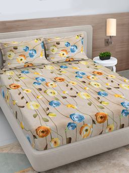 FABINALIV - Multicolor Floral 300TC Cotton Blend 7D Fitted Bedsheet With 2 Pillow Covers King