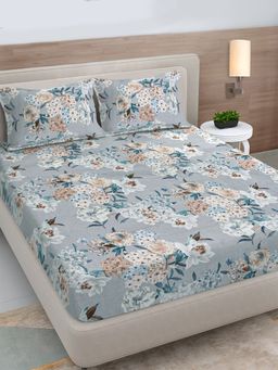 FABINALIV - Grey Floral 300TC Cotton Blend Fitted Bedsheet With 2 Pillow Covers King