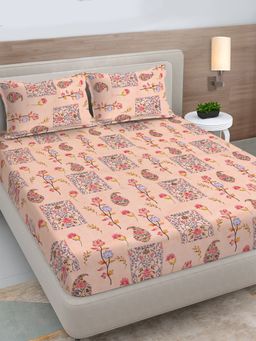 FABINALIV - Peach Floral 300TC Cotton Blend Fitted Bedsheet With 2 Pillow Covers King