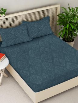 FABINALIV - Teal Blue Ethnic 300TC Cotton Blend Fitted Embossed Bedsheet With 2 Pillow Covers King