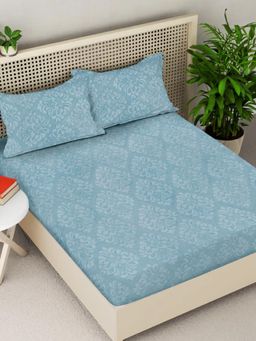 FABINALIV - Sky Blue Ethnic 300TC Cotton Blend Fitted Embossed Bedsheet With 2 Pillow Covers King