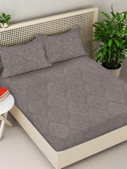 FABINALIV - Taupe Ethnic 300TC Cotton Blend Fitted Embossed Bedsheet With 2 Pillow Covers King