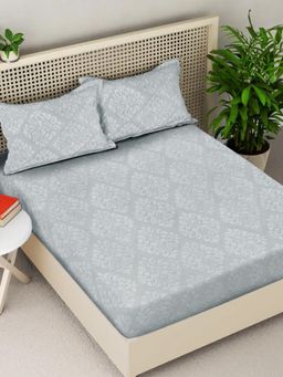 FABINALIV - Silver Ethnic 300TC Cotton Blend Fitted Embossed Bedsheet With 2 Pillow Covers King