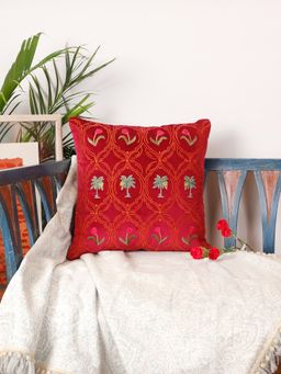 Zeba World - Red Hand Embroidered Pichwai Velvet Cushion Cover