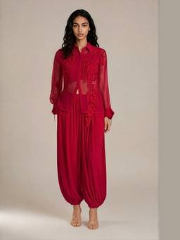 VANSHIKA AGARWAL LABEL - Red Quince Jacket and Pant with Top