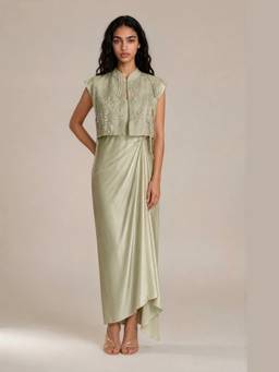 VANSHIKA AGARWAL LABEL - Green Dew Overlay with Dress