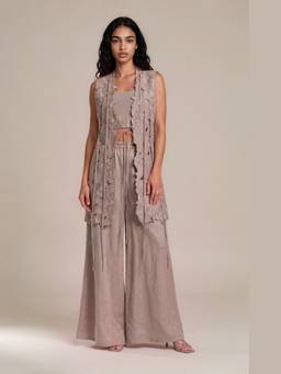 VANSHIKA AGARWAL LABEL - Grey Juliette Jacket and Crop Top with Pants