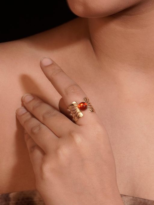 Niscka Gold Plated Adjustable Ring with Cherry Red Stone