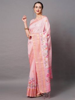 Odette - Pink Festive Linen Blend Printed Saree with Unstitched Blouse