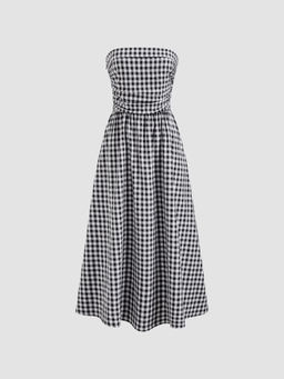 Cider - Tube Gingham Ruffle Shirred Zipper Midi Dress