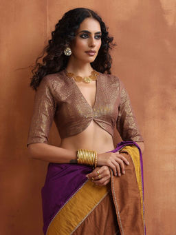 trueBrowns - Brown Woven Metallic Stitched Blouse