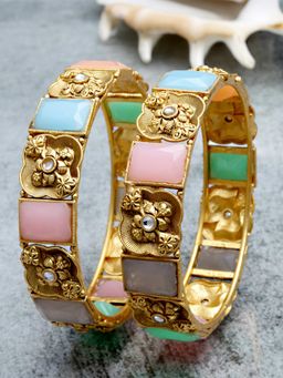 Karatcart - Antique Gold Plated Rajwadi Temple Bangle Set for Women