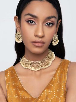 Indya - Gold White Jaal Beaded Earring and Necklace (Set of 2)