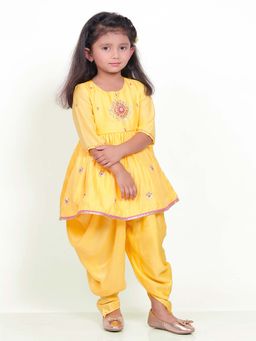 Little Carrot - Girls Yellow Hand Embroidered Kurta with Dhoti