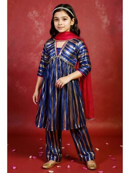 Little Carrot - Girls Navy Blue Striped Kurta with Pant & Dupatta