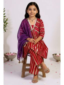 Little Carrot - Girls Red Striped Kurta with Pant & Dupatta
