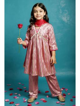 Little Carrot - Girls Pink Striped Kurta with Pant & Dupatta