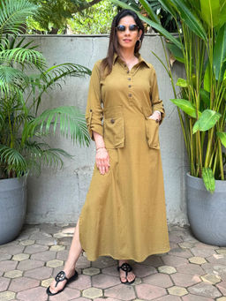 Ishnya - Rezaar Khaki Green Button Detail Shirt Dress