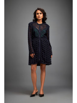 Deepika Arora - Womens Self Design Navy Blue Dress, Inner (Set of 2)