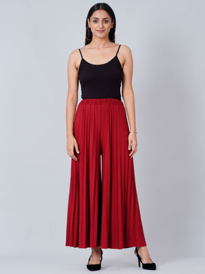 First Resort by Ramola Bachchan Deep Maroon Wide Leg Pleated Palazzo