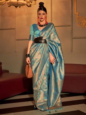 Women's Poly Silk Teal blue Woven Design Designer Saree With Blouse Piece
