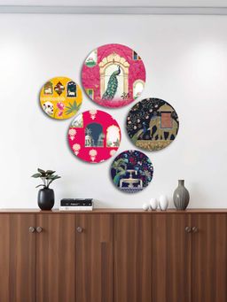 The Castle Decor - Madhubani & Miniature Art Wall Plates Peacock & Elephant Theme Set Of 5-Multi-Color