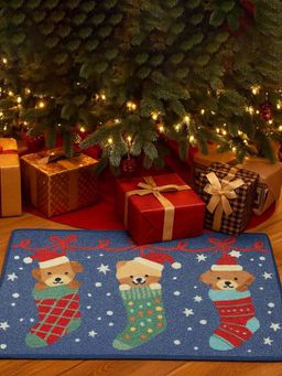 Little Surprise Box - Puppy In Stockings Christmas Welcome Mat Festive Floor &Entrance Door Mat