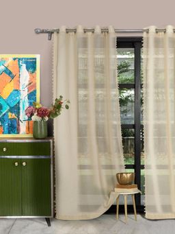 HOSTA HOMES - 4 X 7 Feet Beige Door Size Pom-Pom Curtain (Pack Of 1)