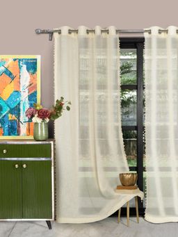 HOSTA HOMES - 4 X 9 Feet Cream Long Door Size Pom-Pom Curtain (Pack Of 2)
