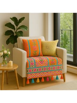 THROW PILLOW - Sunburst Printed With Multicolour Tassels Sofa Cover