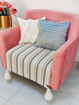 THROW PILLOW - Neutral Herringbone With White Corner Tassel Sofa Cover