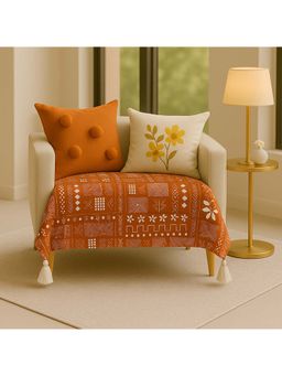 THROW PILLOW - Orange Terrecotta With White Corner Tassels Sofa Cover