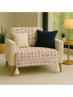 THROW PILLOW - White Maroon Tribal With White Corner Tassel Sofa Cover