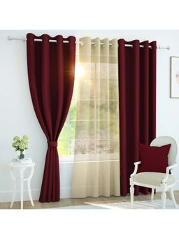 Story@Home - (5 Ft) Window Polyester, Silk Blackout Solid Curtains (Pack Of 3) (Maroon & Beige)