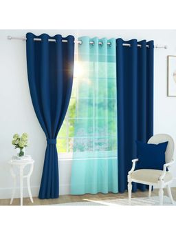 Story@Home - (5 Ft) Window Polyester Silk Blackout Solid Curtains (Pack Of 3) (Navy Blue & Sky Blue)