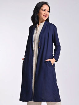 Saltpetre - Women Solid Modal Navy Shawl Collar Single Breasted Coat