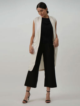 Saltpetre - Women Solid Tencel White Shawl Collar Long Vest Overcoat