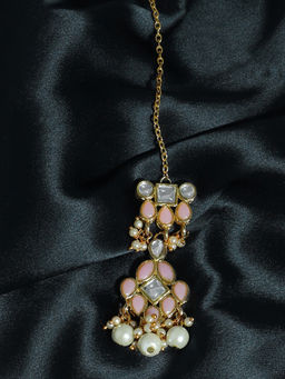 Karatcart - Traditional Gold Plated Pearl Beads Peach Kundan Maang Tikka