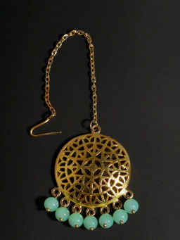 Karatcart - Traditional Gold Plated Mint Green Beads Kundan Maang Tikka