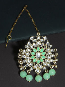 Karatcart - Traditional Gold Plated Mint Green Beads Kundan Maang Tikka