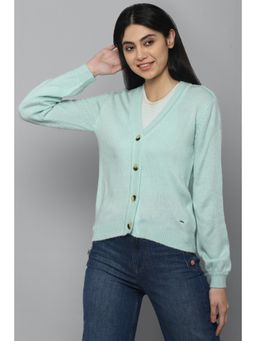 Allen Solly - Green V-Neck Solid-Plain Cardigans and Sweaters