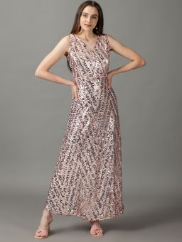 SHOWOFF - Womens Embellished V-Neck Peach Maxi Dress